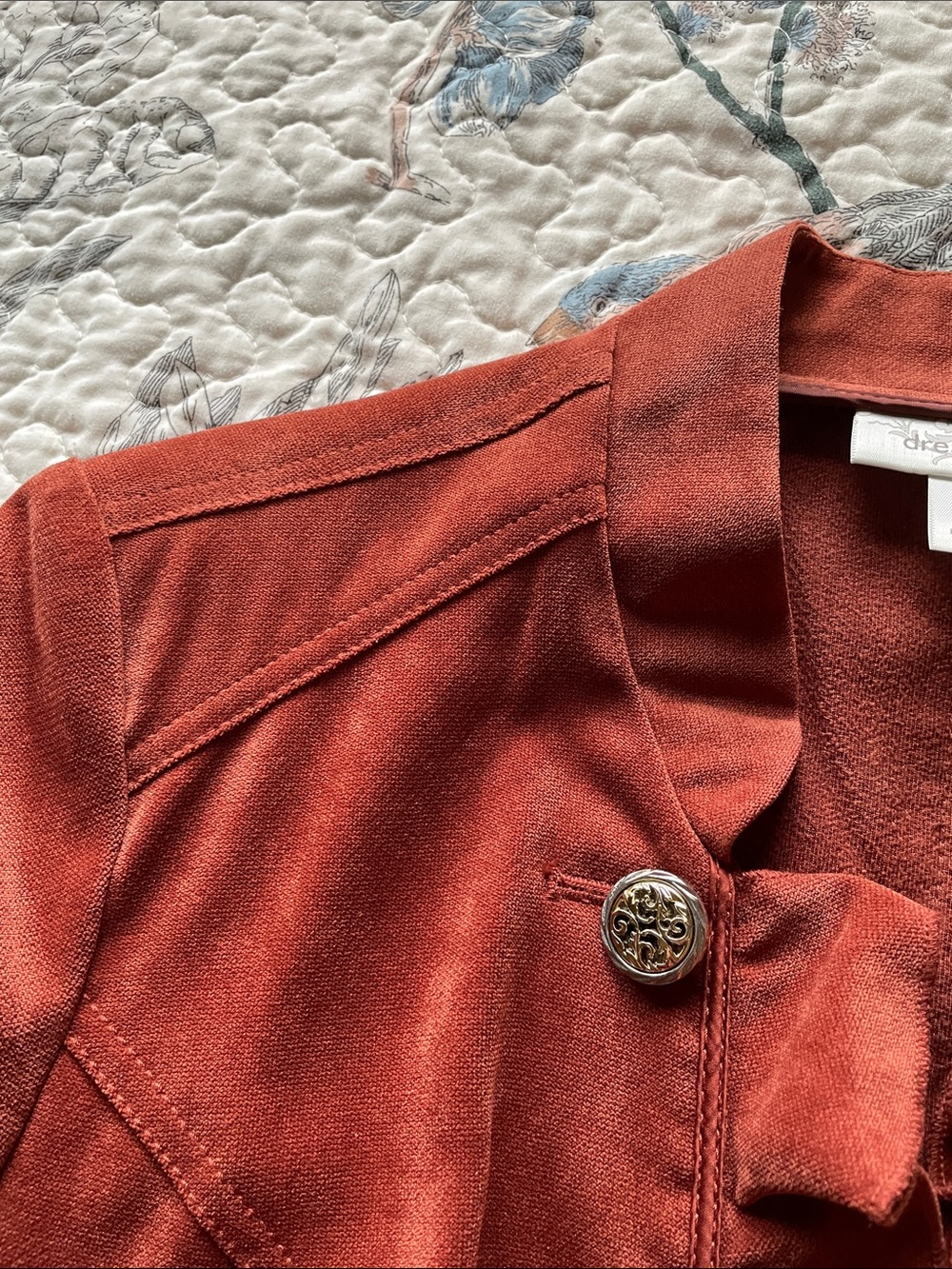 Double Breasted Suede Look Rust Color Ruffled Jacket - Picture 14 of 14
